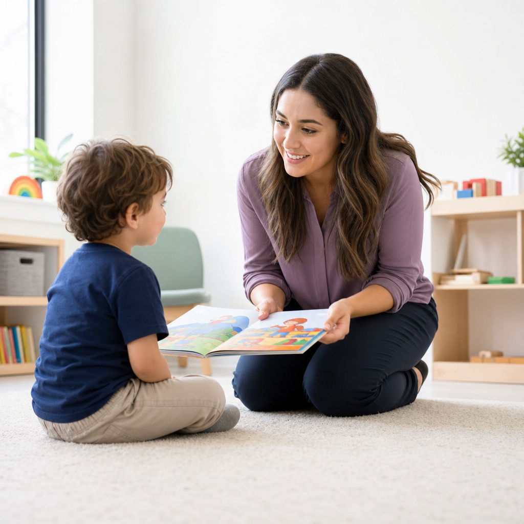 A clinician kneeling at eye level with a toddler, sharing a picture book in a calm clinic room