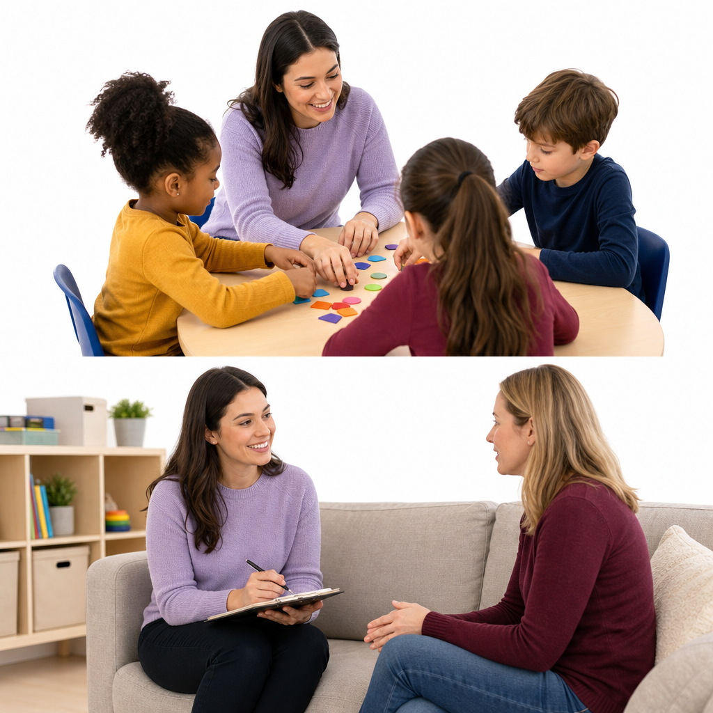 Small circle of children with a facilitator doing a hands-on activity